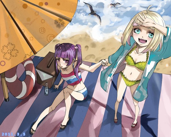 Anime picture 1280x1024 with ao no exorcist a-1 pictures moriyama shiemi kamiki izumo tagme (artist) long hair blush short hair open mouth blonde hair twintails purple eyes multiple girls purple hair aqua eyes holding hands sand girl navel 2 girls