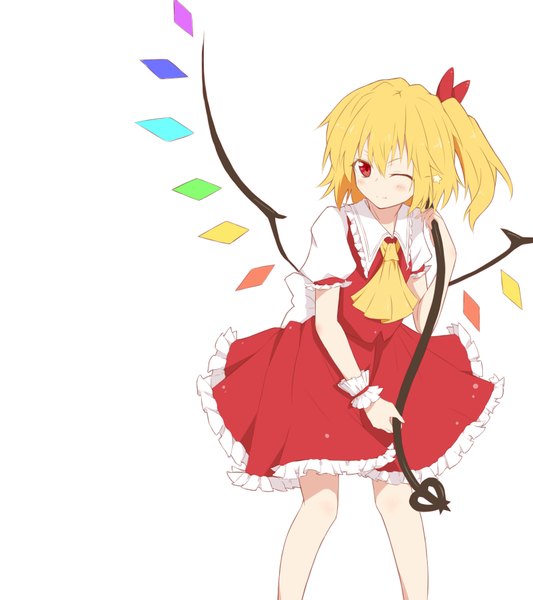 Anime picture 1600x1800 with touhou flandre scarlet lunaticprince single tall image blush short hair simple background blonde hair red eyes white background one eye closed wink one side up no hat girl dress weapon wings frills