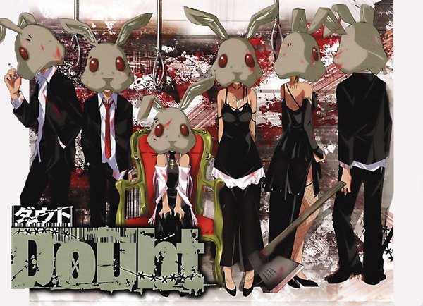 Anime picture 1400x1013 with doubt aikawa yuu hazama rei akechi haruka hoshi eiji houyama mitsuki komaba hajime red eyes group smoking dress necktie blood mask chair bunny axe gallows