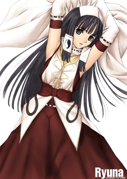 Anime picture 1213x1713 with shining (series) shining tears ryuuna (shining tears) lchrno single long hair tall image looking at viewer black hair simple background white background traditional clothes japanese clothes black eyes girl detached sleeves