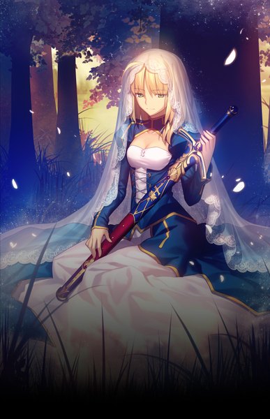 Anime picture 1000x1548 with fate (series) fate/stay night artoria pendragon (all) saber takeuchi takashi single long hair tall image fringe breasts blonde hair sitting green eyes cleavage ahoge outdoors light smile wide sleeves official art puffy sleeves