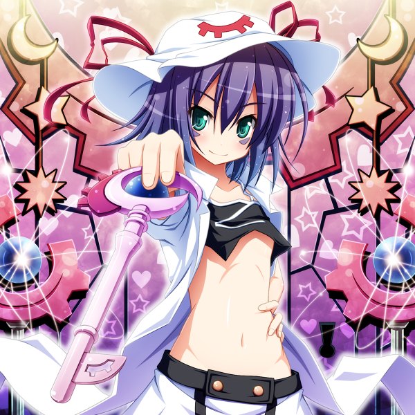 Anime picture 1200x1200 with yumekui merry merry nightmare akashio (loli ace) short hair smile green eyes purple hair midriff girl hat key