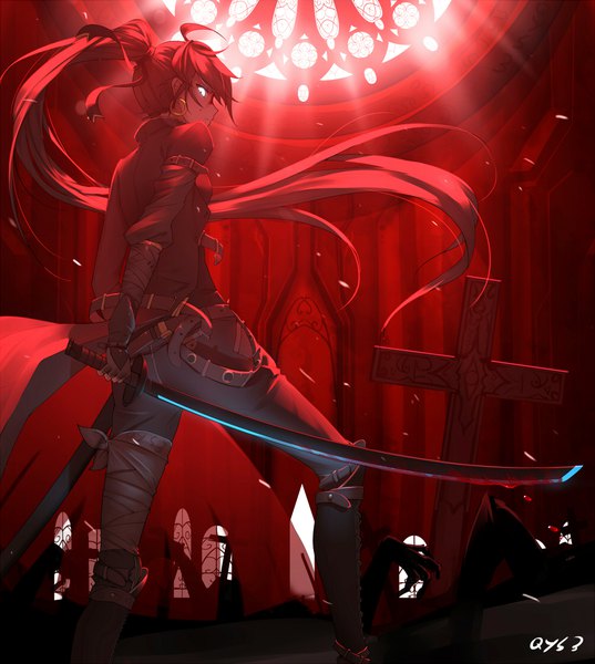 Anime picture 1000x1118 with original qys3 single tall image looking at viewer standing holding signed full body ahoge bent knee (knees) ponytail red hair very long hair profile sunlight floating hair bloody weapon zombie girl