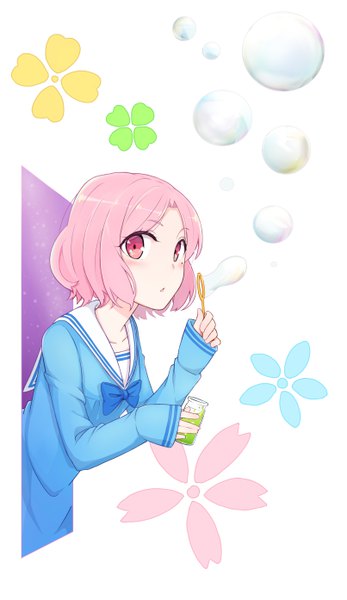 Anime picture 3223x5571 with original id906 single tall image blush highres short hair white background holding pink hair absurdres upper body long sleeves pink eyes :o leaning leaning forward girl uniform serafuku