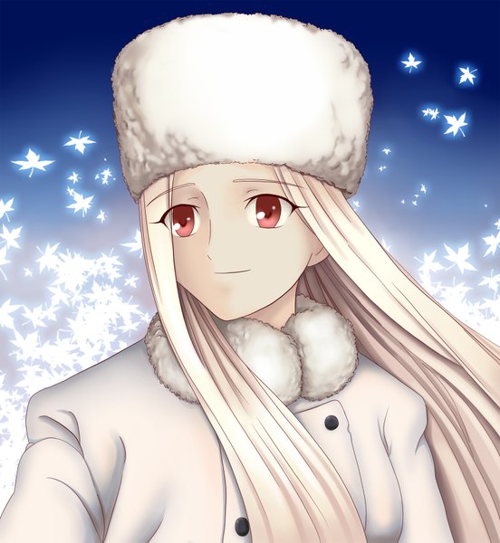Anime picture 1600x1741 with fate (series) fate/zero type-moon irisviel von einzbern lchrno single long hair tall image blonde hair red eyes looking away girl cap winter clothes