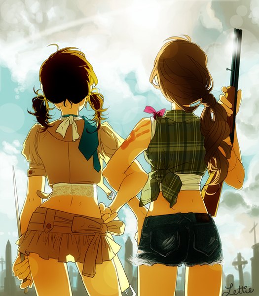 Anime picture 750x857 with supernatural: the animation sam winchester dean winchester cafe de labeill long hair tall image brown hair standing twintails multiple girls signed sky cloud (clouds) ponytail hand on hip genderswap girl skirt bow weapon