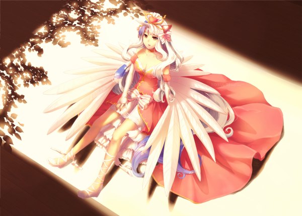 Anime picture 1600x1148 with original rosuuri single open mouth bare shoulders yellow eyes purple hair white hair very long hair multicolored hair horn (horns) from above sunlight two-tone hair drill hair girl dress gloves flower (flowers) bow