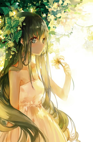 Anime picture 644x975 with vocaloid hatsune miku kinokohime single long hair tall image blush fringe simple background white background bare shoulders aqua eyes green hair girl dress flower (flowers) plant (plants) white dress insect butterfly