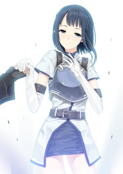 Anime picture 1838x2600 with sword art online a-1 pictures kirigaya kazuto sachi (sao) couzone tall image blush highres short hair black hair simple background smile light smile mole mole under eye tears holding hands solo focus crying girl