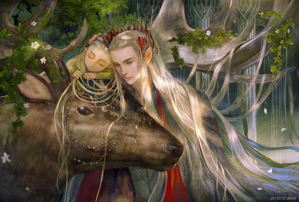 Anime picture 2000x1350 with lord of the rings the hobbit legolas thranduil astarone long hair highres blue eyes blonde hair signed eyes closed pointy ears black eyes elf boy hair ornament flower (flowers) plant (plants) animal petals