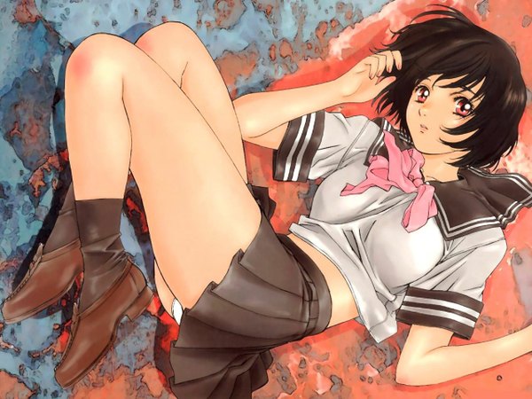 Anime picture 1280x960 with kobayashi hiyoko short hair light erotic black hair red eyes lying pantyshot legs uniform underwear panties school uniform serafuku