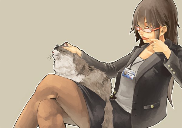 Anime picture 1000x707 with original sho (pixiv) long hair simple background brown hair sitting grey background mole mole under mouth girl animal pantyhose glasses cat suit