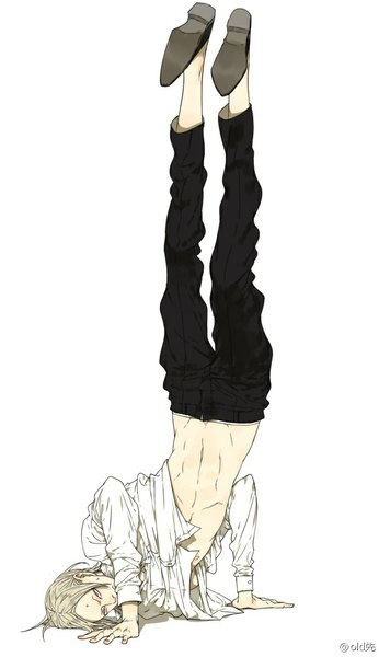 Anime picture 600x1038 with 19 days jian yi oldxian single tall image looking at viewer short hair simple background blonde hair white background long sleeves arm support bare belly sweat groin soles sweatdrop eyebrows pale skin muscle