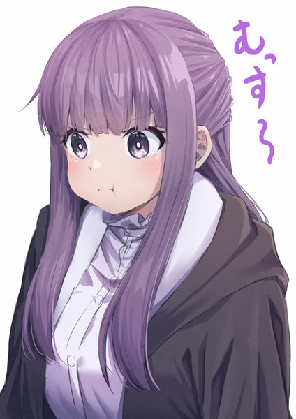 Anime picture 1191x1684 with sousou no frieren fern (sousou no frieren) daichi (hayate1328) single long hair tall image blush fringe simple background white background purple eyes looking away purple hair upper body blunt bangs inscription :t girl