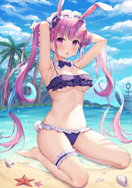 Anime picture 2935x4175 with virtual youtuber hololive minato aqua hokori sakuni single long hair tall image looking at viewer blush fringe highres breasts open mouth light erotic large breasts sitting animal ears payot pink hair sky