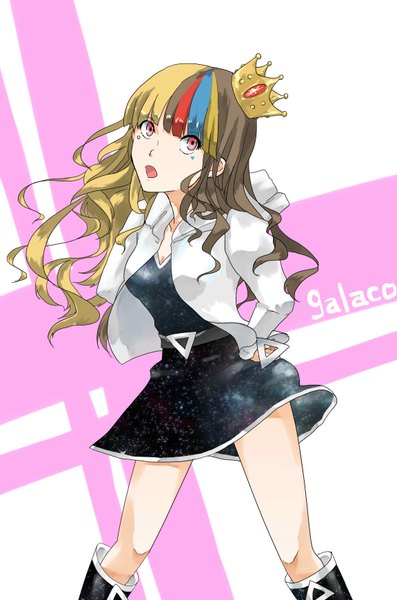 Anime picture 1152x1740 with vocaloid galaco tagme (artist) single long hair tall image open mouth blonde hair red eyes brown hair multicolored hair open clothes open jacket streaked hair girl dress boots