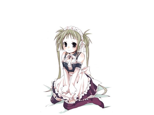 Anime picture 1024x768 with kore ga watashi no goshujinsama sawatari mitsuki single long hair blush blonde hair smile white background twintails black eyes maid kneeling girl thighhighs gloves black thighhighs elbow gloves headdress maid headdress