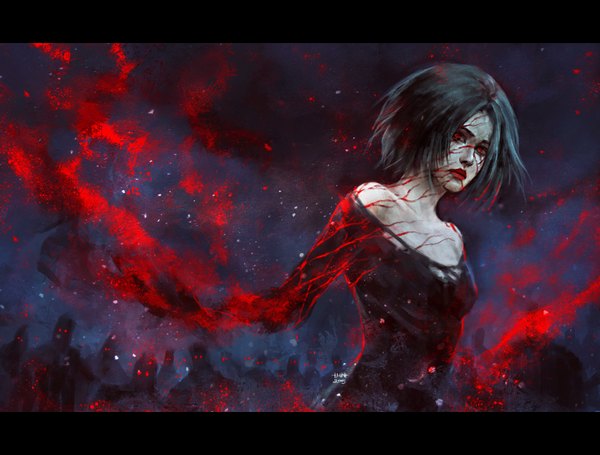 Anime picture 1450x1100 with nanfe looking at viewer short hair breasts black hair red eyes bare shoulders head tilt lips glowing dated dark background letterboxed glowing eye (eyes) dissolving girl dress black dress