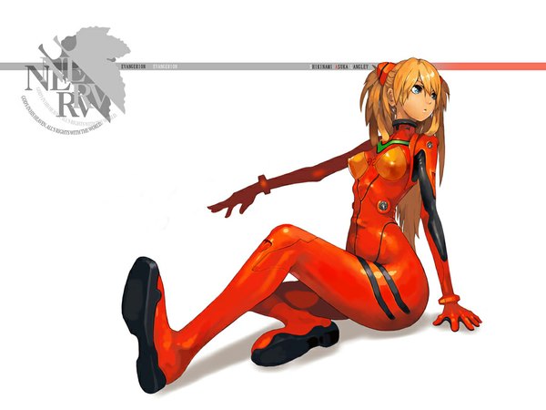 Anime picture 1024x768 with neon genesis evangelion gainax soryu asuka langley mitu long hair blue eyes simple background blonde hair white background nerv pilot suit