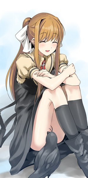 Anime picture 993x2000 with air key (studio) kamio misuzu sora (air) couzone single long hair tall image blush fringe open mouth light erotic blonde hair simple background sitting ponytail eyes closed censored crossed arms convenient censoring