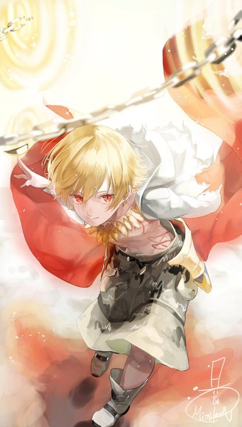 Anime picture 967x1700 with fate (series) fate/grand order gilgamesh (fate) mizutamari tori single tall image looking at viewer fringe short hair blonde hair hair between eyes red eyes signed light smile leaning boy chain necklace gold