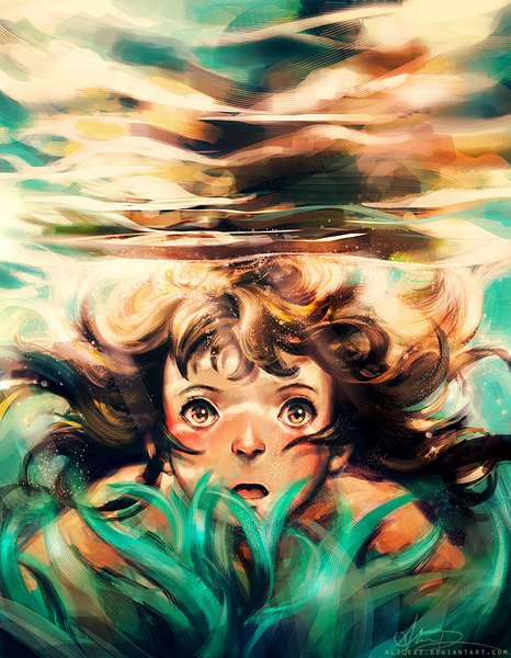 Anime picture 700x900 with spirited away studio ghibli ogino chihiro alicexz single long hair tall image fringe open mouth brown hair brown eyes signed sunlight underwater sunbeam girl water child (children)