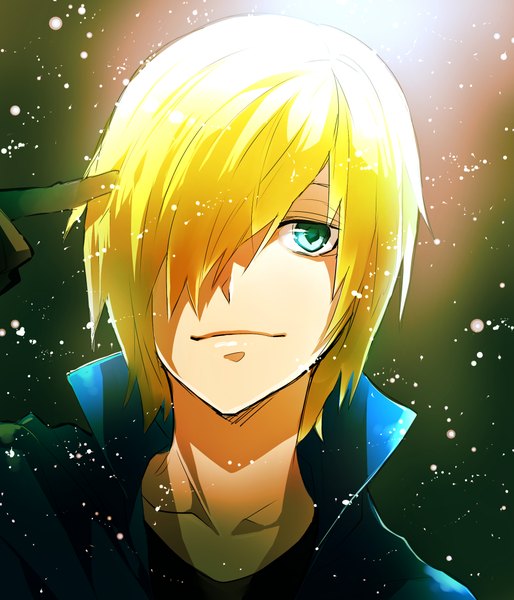 Anime picture 1889x2204 with baccano! graham spector tayuya1130 single tall image fringe highres short hair blonde hair green eyes light smile hair over one eye boy gloves choker