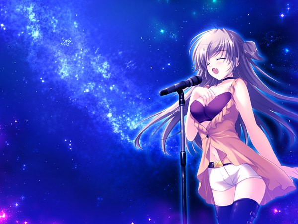 Anime picture 1600x1200 with nanairo kouro nanami haruka (nanairo kouro) mikeou long hair blush open mouth brown hair game cg eyes closed night girl shorts star (stars) microphone white shorts