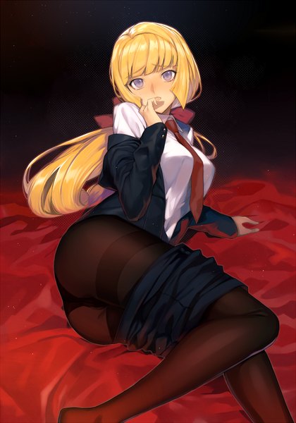 Anime picture 600x857 with mobile suit gundam gundam tekketsu no orphans sunrise (studio) kudelia aina bernstein shrimpman single long hair tall image looking at viewer blush light erotic blonde hair purple eyes girl shirt pantyhose necktie