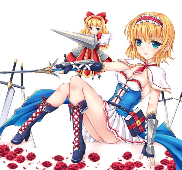 Anime picture 1287x1200 with touhou alice margatroid shanghai fred0092 long hair looking at viewer short hair open mouth blue eyes light erotic blonde hair white background girl dress gloves flower (flowers) weapon petals sword boots