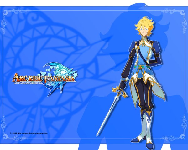 Anime picture 1280x1024 with arc rise fantasia single looking at viewer short hair blue eyes blonde hair simple background standing inscription boy weapon sword