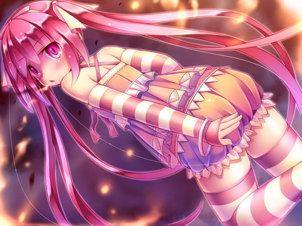 Anime picture 1600x1200 with original namaru (summer dandy) single blush twintails purple eyes purple hair very long hair girl thighhighs dress detached sleeves bracelet striped thighhighs fire