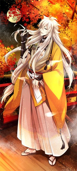Anime picture 543x1200 with touken ranbu nitroplus kogitsunemaru ringo ame single long hair tall image looking at viewer fringe blonde hair smile red eyes standing full body ahoge outdoors traditional clothes parted lips japanese clothes arm up