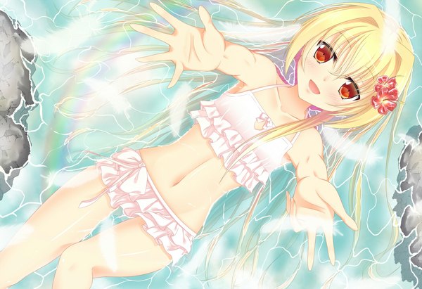 Anime picture 1050x720 with original akane miu single long hair blush open mouth blonde hair red eyes hair flower girl navel hair ornament swimsuit water feather (feathers) rainbow