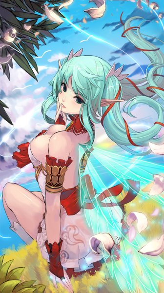 Anime picture 1600x2857 with qbspdl single long hair tall image looking at viewer highres breasts light erotic large breasts sitting twintails bare shoulders sky cloud (clouds) looking back aqua eyes lips pointy ears aqua hair finger to mouth