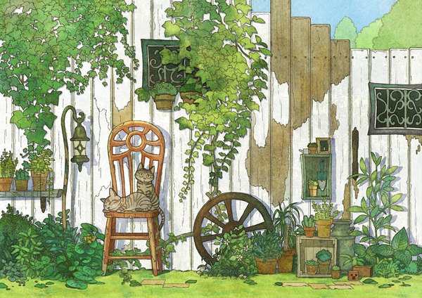 Anime picture 1024x724 with original sebascha plant (plants) animal cat chair lantern wall