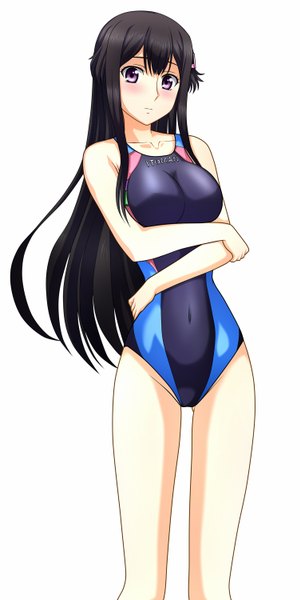 Anime picture 753x1500 with buddy complex yumihara hina kenken single long hair tall image looking at viewer blush light erotic black hair simple background white background purple eyes bare shoulders covered navel girl swimsuit one-piece swimsuit competition swimsuit