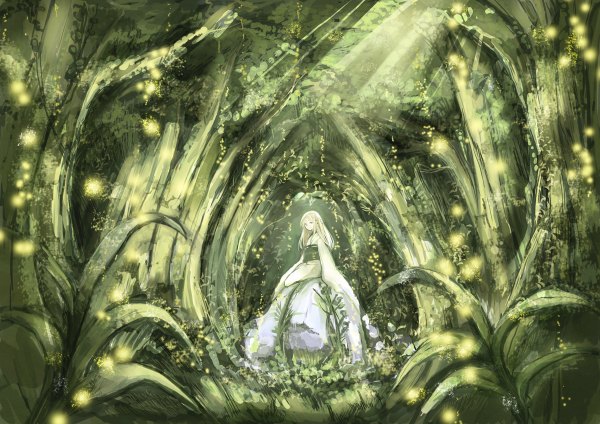 Anime picture 1200x848 with koto2 long hair fringe blonde hair sunlight girl dress flower (flowers) plant (plants) tree (trees) forest corset fireflies