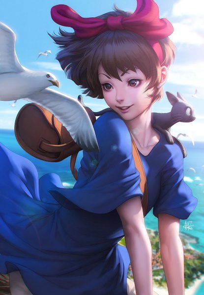 Anime picture 831x1200 with kiki's delivery service studio ghibli kiki jiji artgerm (stanley lau) tall image short hair smile brown hair brown eyes looking away cloud (clouds) from above realistic city cityscape flying girl dress bow