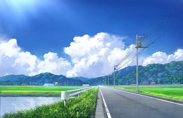 Anime picture 1200x772 with original pei (sumurai) sky cloud (clouds) outdoors sunlight mountain no people street field plant (plants) tree (trees) water building (buildings) grass house power lines road pole pond