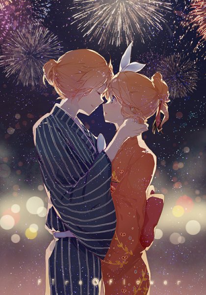 Anime picture 805x1150 with vocaloid fire flower (vocaloid) kagamine rin kagamine len kinokohime tall image short hair blue eyes blonde hair eyes closed traditional clothes japanese clothes profile night copyright name hug summer twins fireworks almost kiss