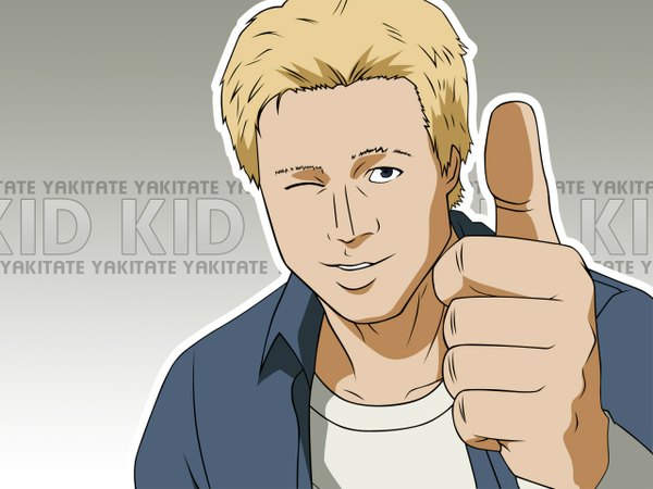 Anime picture 1280x960 with yakitate!! japan kid (yakitate japan) short hair blue eyes blonde hair smile one eye closed wink open clothes open shirt boy shirt t-shirt