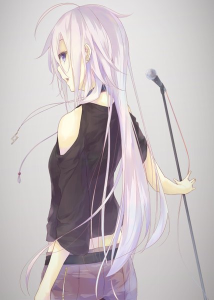 Anime picture 1000x1400 with vocaloid ia (vocaloid) la-na single long hair tall image looking at viewer fringe open mouth simple background standing purple eyes holding pink hair looking back alternate costume back girl earrings belt