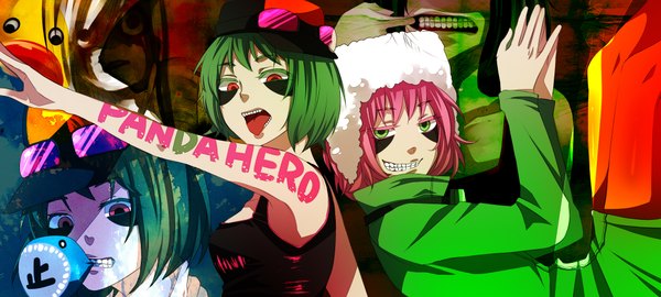 Anime picture 2000x900 with vocaloid panda hero (vocaloid) gumi rinw (artist) highres short hair red eyes wide image green eyes pink hair green hair teeth grin back to back dual persona girl hat glasses jacket tongue