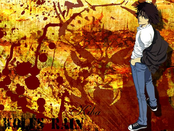 Anime picture 1024x768 with wolfs rain studio bones kiba kuzoku single looking at viewer short hair black hair open jacket copyright name character names third-party edit boy jacket jeans