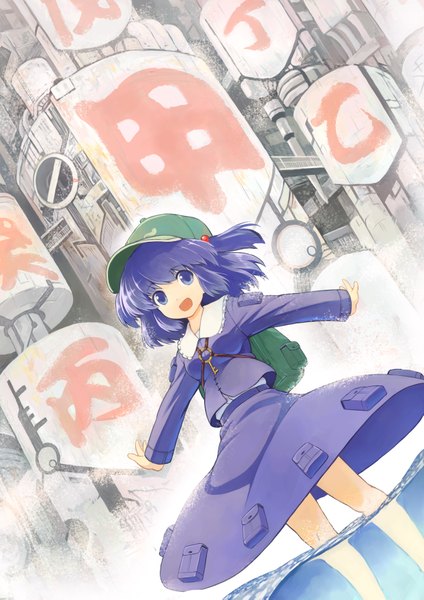 Anime picture 1241x1755 with touhou kawashiro nitori kanini single tall image short hair open mouth blue eyes blue hair hieroglyph spread arms girl skirt water skirt set backpack flat cap key
