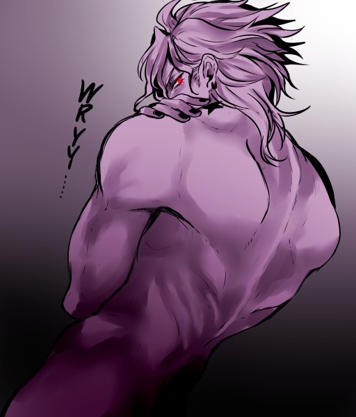 Anime picture 1024x1200 with jojo no kimyou na bouken dio brando kuwa ayase single long hair tall image looking at viewer light erotic simple background red eyes nail polish nude mole gradient background text back purple skin joestar birthmark boy