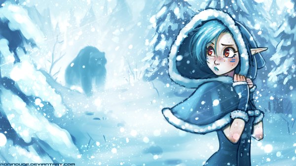 Anime picture 1920x1080 with ronin dude (ray cornwell) single highres short hair blonde hair wide image blue hair wind lips pointy ears orange eyes lipstick snowing winter blue lipstick girl animal hood winter clothes bear