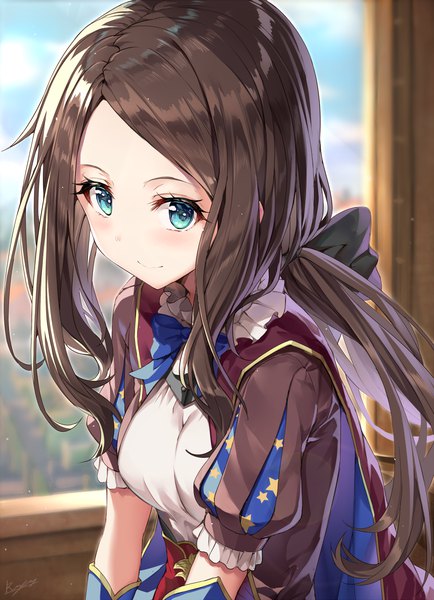 Anime picture 1012x1397 with fate (series) fate/grand order leonardo da vinci (fate) leonardo da vinci (rider) (fate) rin yuu single long hair tall image looking at viewer blush fringe smile brown hair signed payot upper body aqua eyes blurry depth of field puffy sleeves