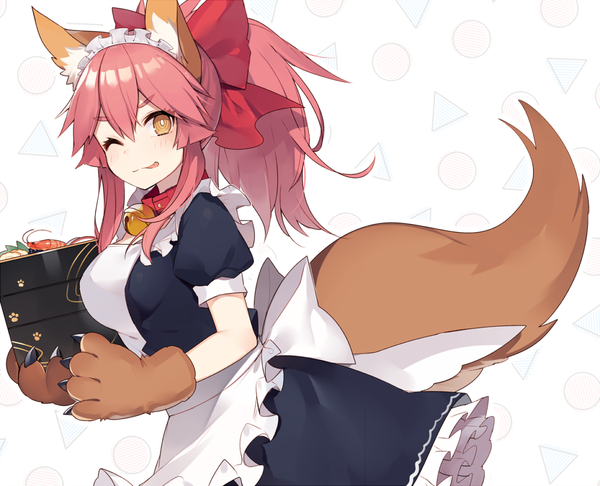 Anime picture 1000x811 with fate (series) fate/grand order tamamo (fate) (all) tamamo cat (fate) muryotaro single long hair looking at viewer fringe hair between eyes white background animal ears yellow eyes pink hair ponytail tail animal tail one eye closed wink maid